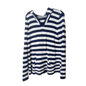 Talbots Blue White Stripe Cotton Blend Hoodie Pocket Size Large Preppy Nautical
